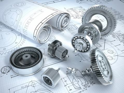 Blueprints and 3D metal machine parts. Mechanical engineering concept.