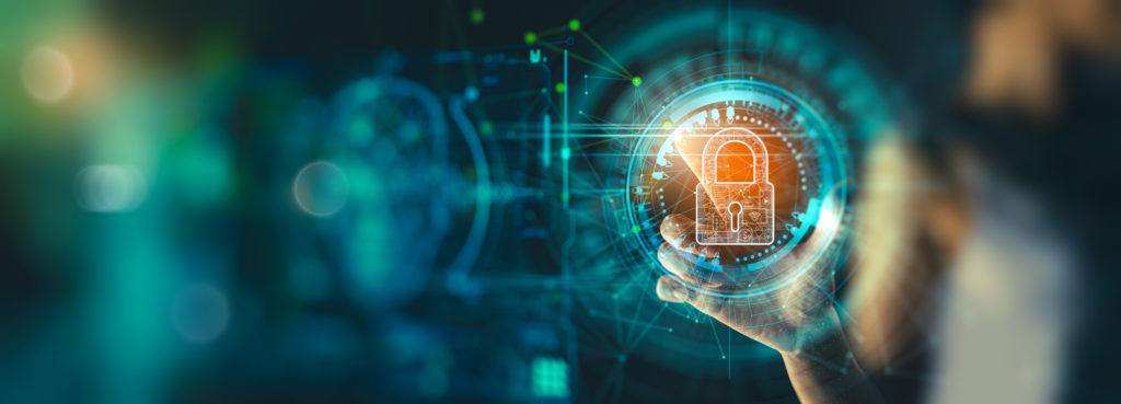 Conceptual graphic of cybersecurity. Icon of a lock being held with dark background.