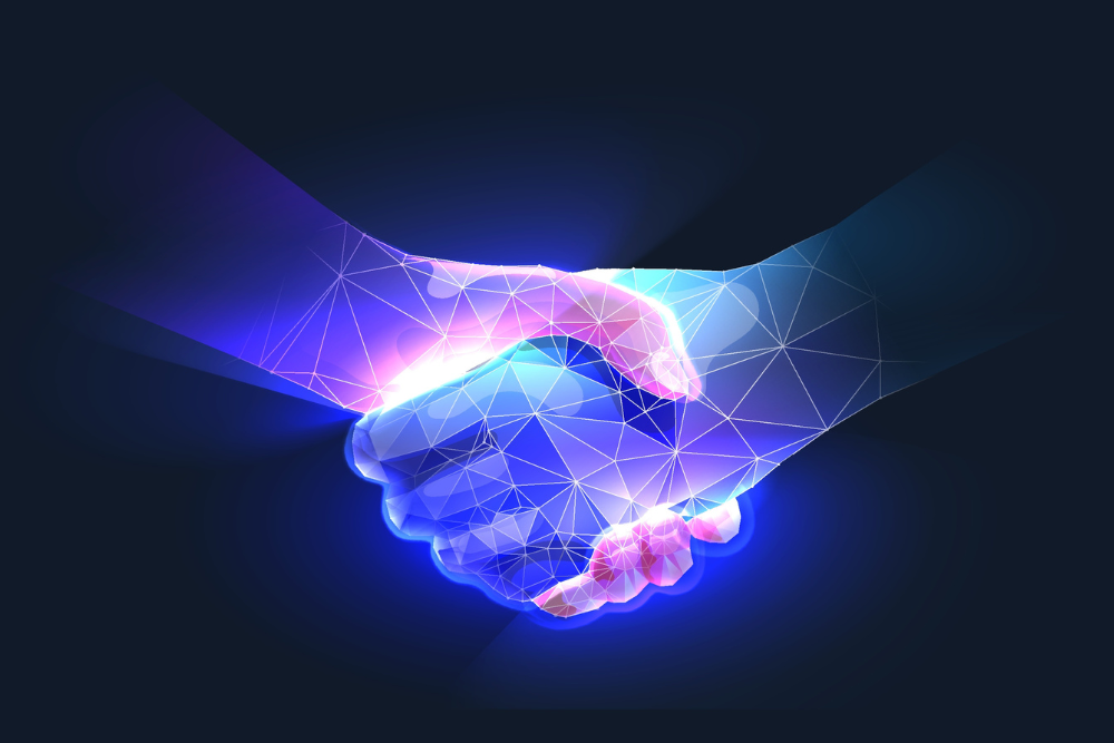 A virtual handshake with IT-based symbolism, signifying Managed IT Services.