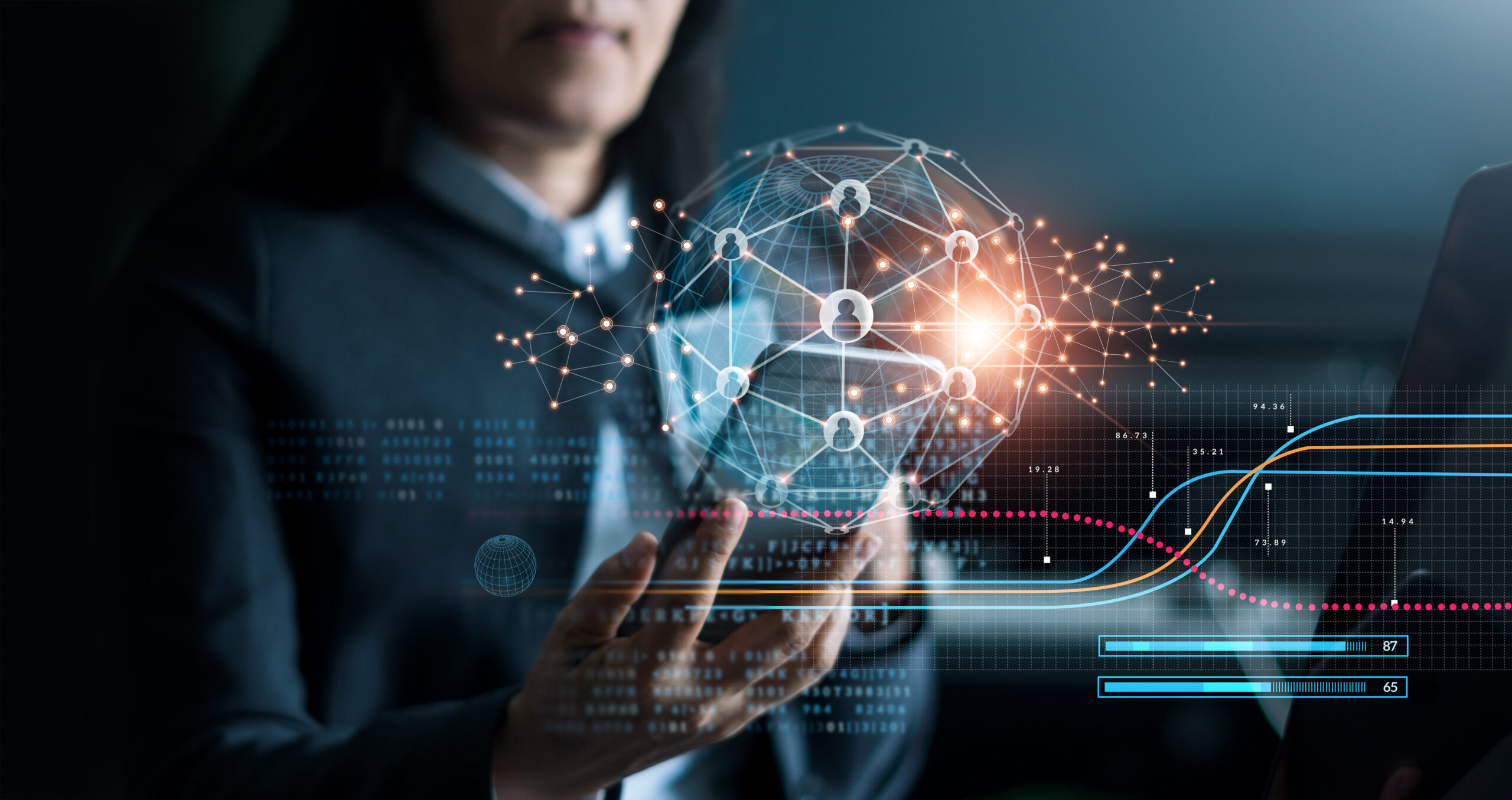 A business professional holding a digital representation of a globe with interconnected network nodes, symbolizing advanced Network Management and connectivity solutions.