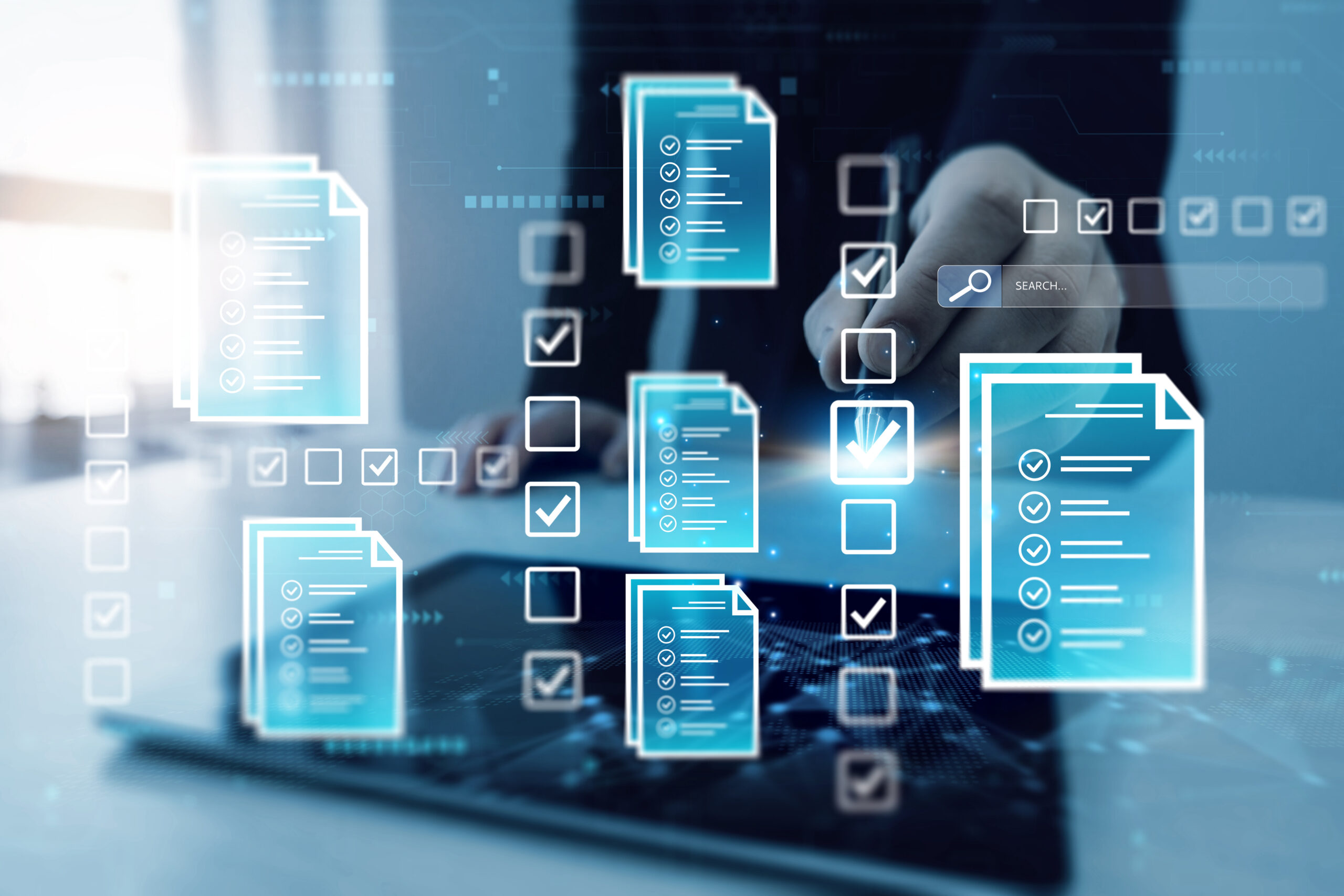Businessman check virtual electronic documents and checklist approve. Business productivity checklist and filling survey form.Fast checklist and clipboard. Symbolizing document management.