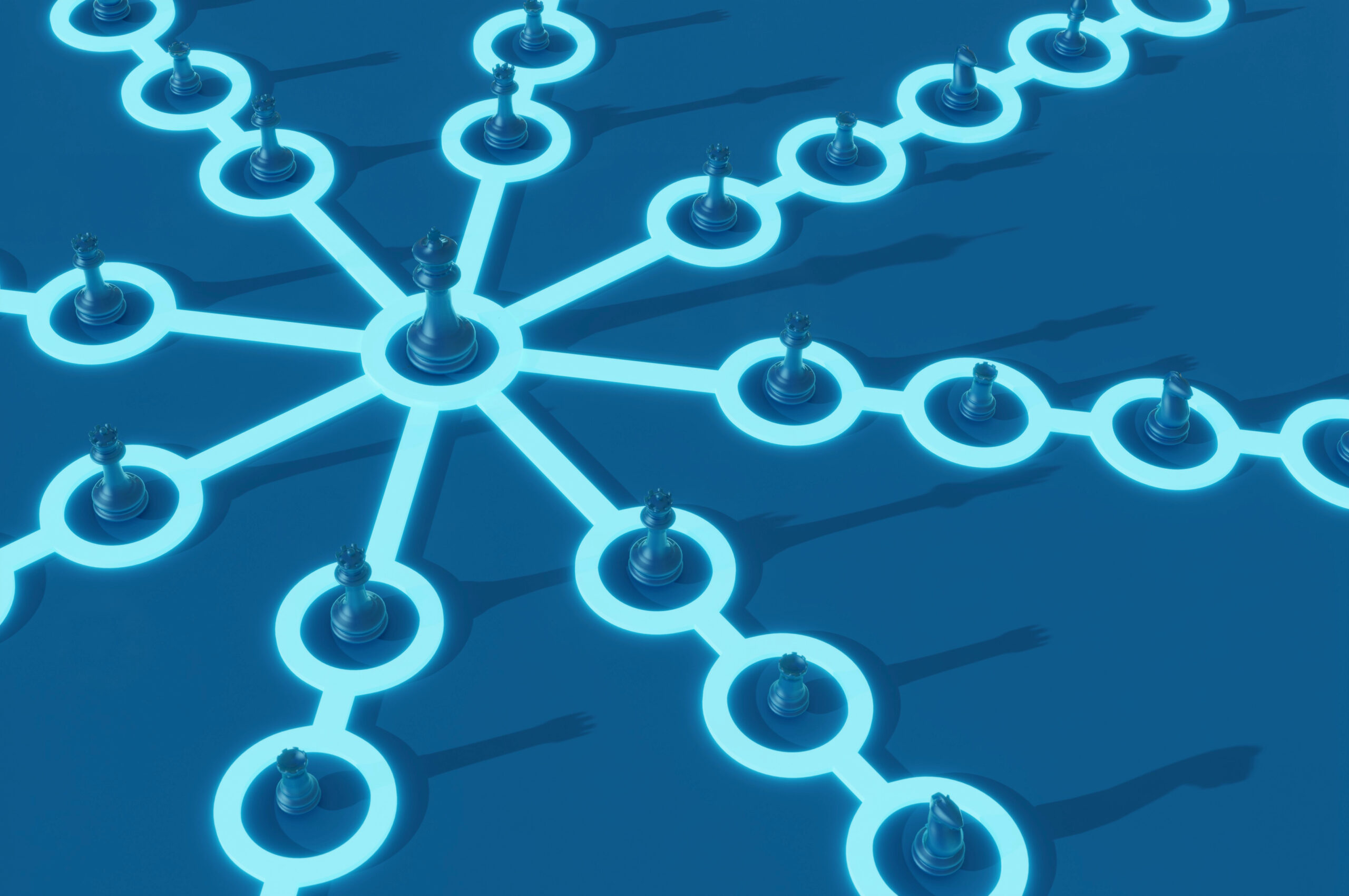 3D rendering of chess pieces on a board all leading to one unified piece symbolizing the structure and efficiency that Managed Print Services brings to a company.