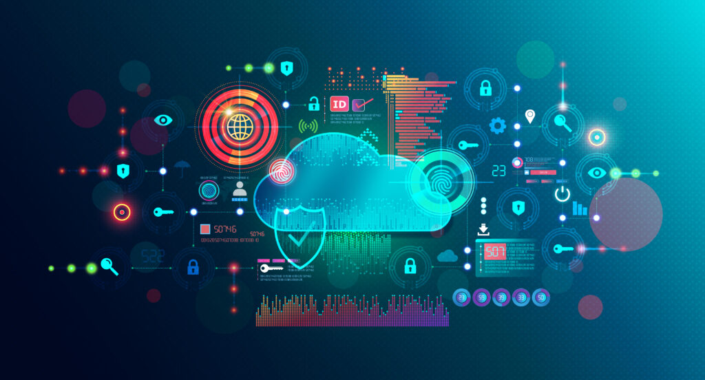 Conceptual image of cybersecurity solutions with icons of a cloud, shield, lock and more.