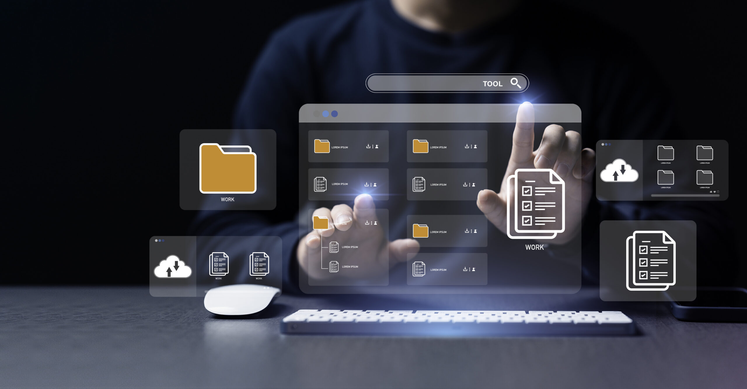 Businessman using a computer to document management concept, online documentation database and digital file storage system or software, records keeping, database technology, file access, doc sharing signifying Electronic Document Management Solutions.