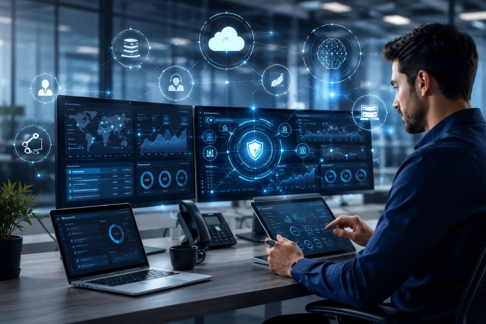 IT professional monitoring AI-powered support, cybersecurity, cloud, and network dashboards from multiple screens in a modern office workspace.
