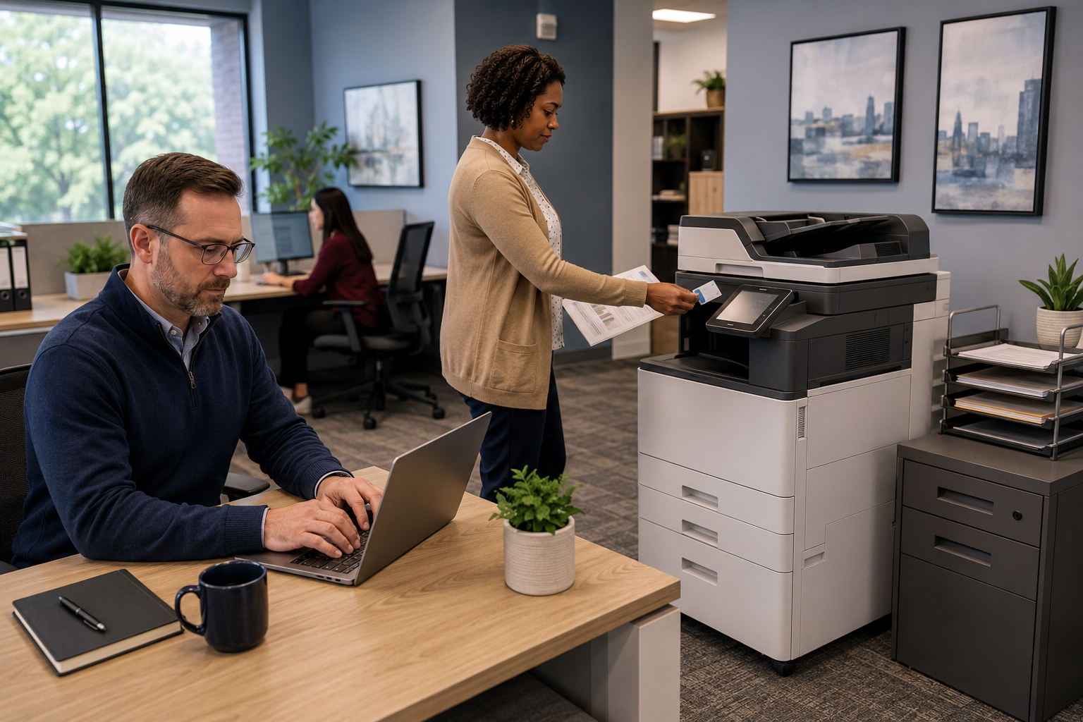 Office printer security checklist showing an employee authenticating at a multifunction printer while an IT professional works securely on a laptop nearby.