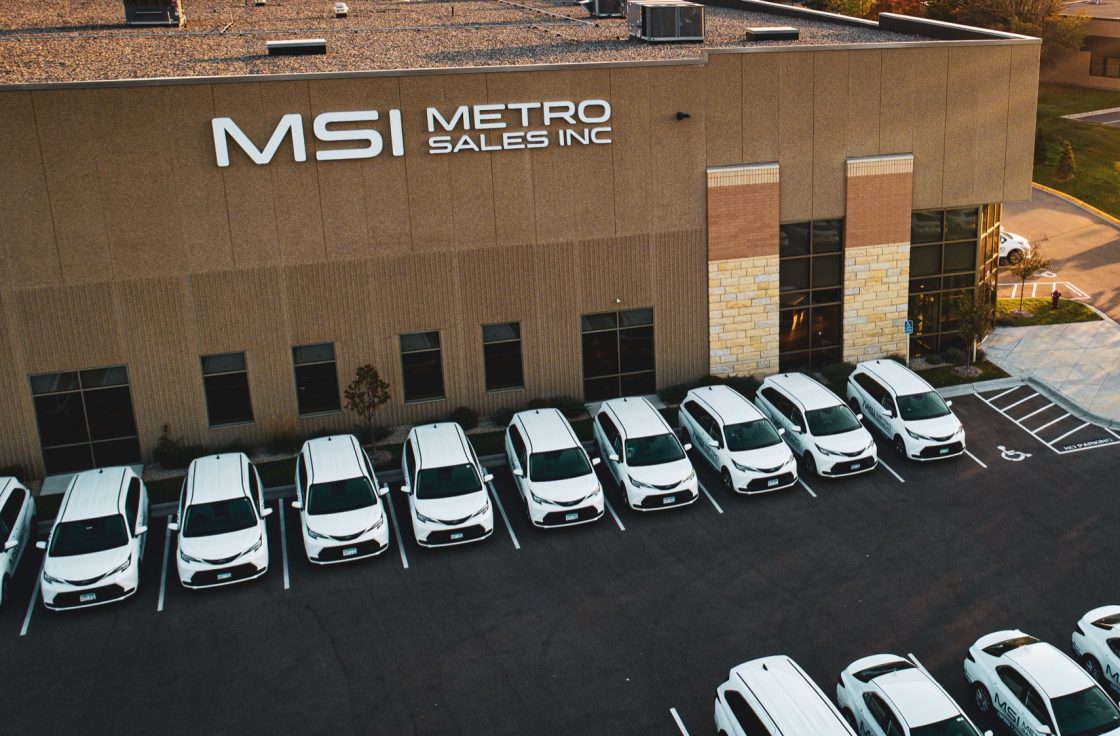 Aerial view of the Metro Sales headquarters and service vehicle fleet