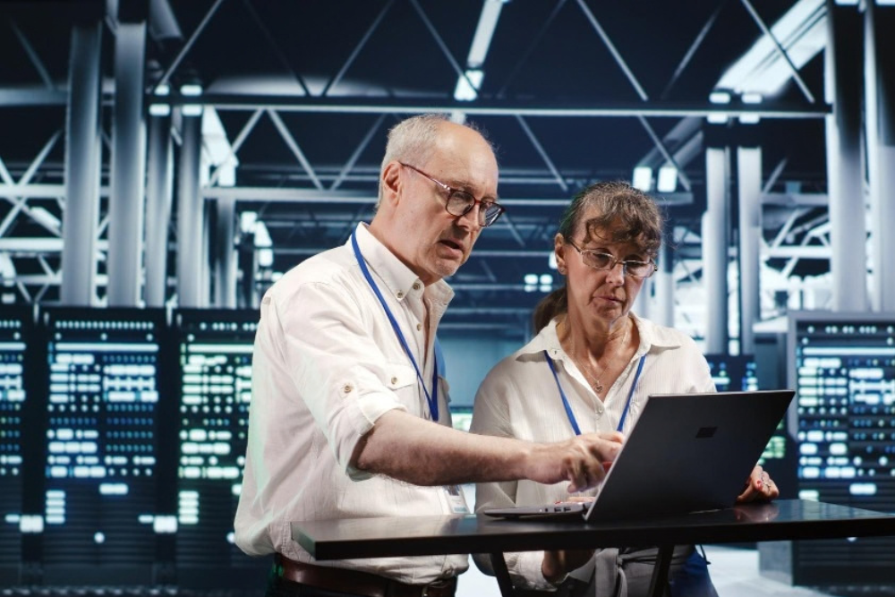 Managed IT professionals reviewing systems and network infrastructure on a laptop in a modern data center.