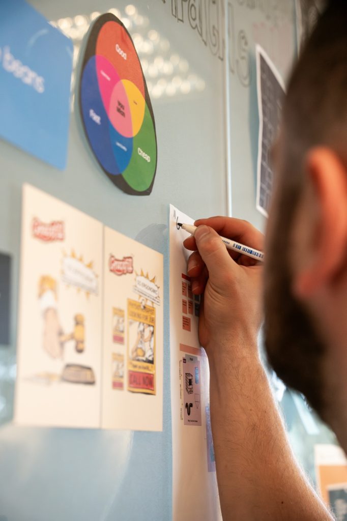 Marketer mapping campaign concepts on a whiteboard
