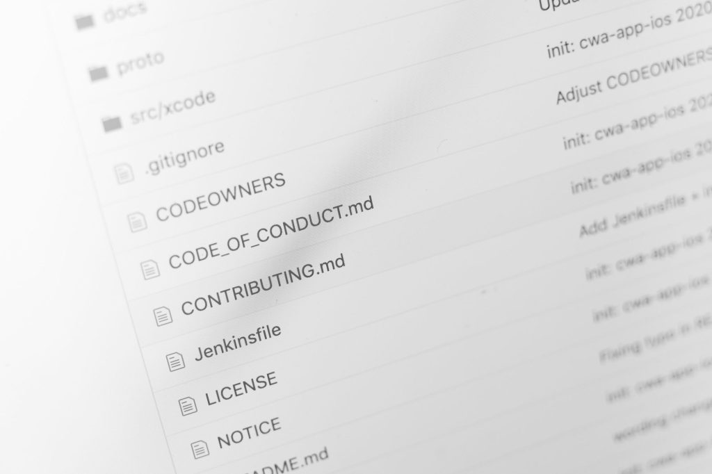 Close-up of a code repository file list with license and policy files