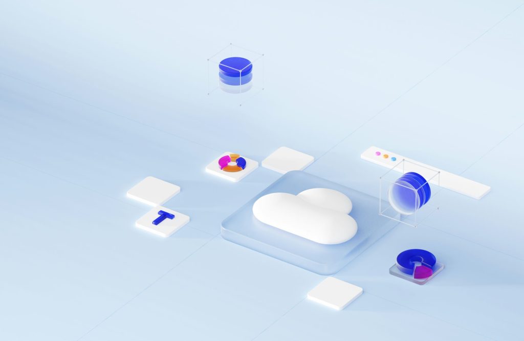 Illustration of documents and data flowing into a cloud