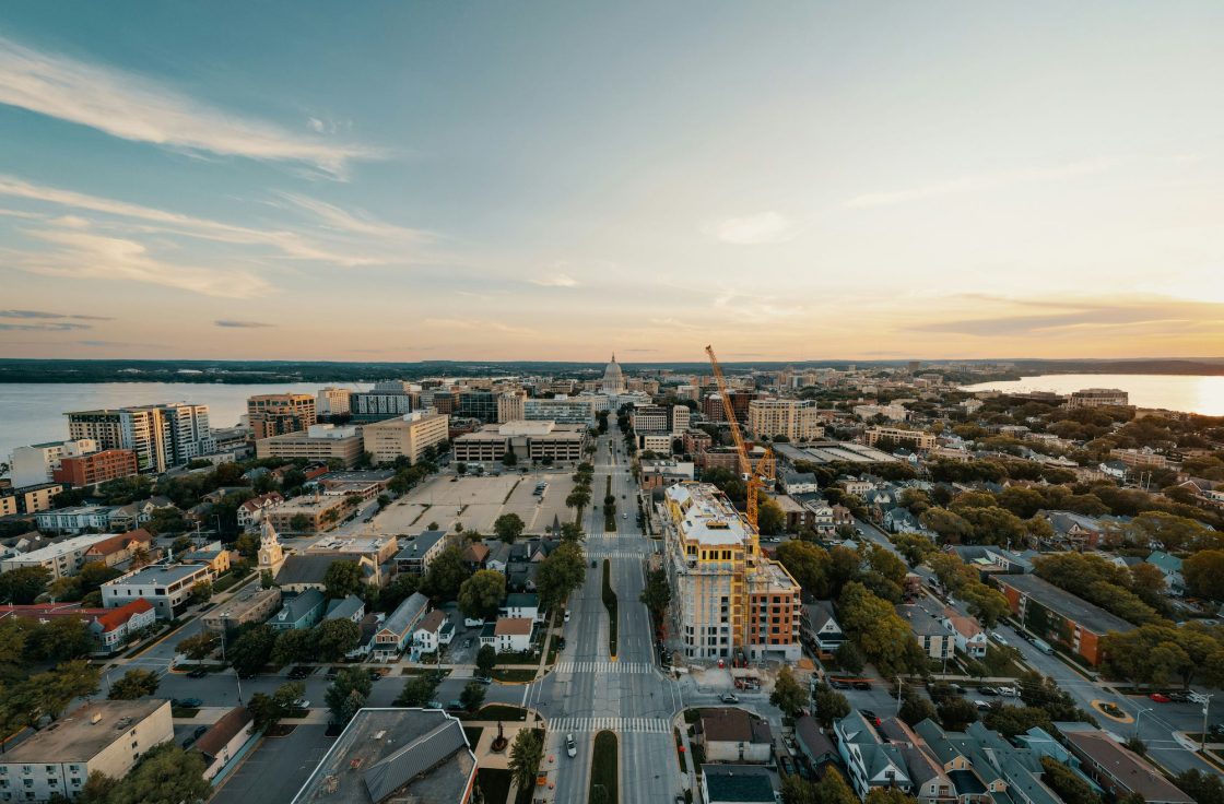 Aerial view of a Wisconsin city on the lake at sunset