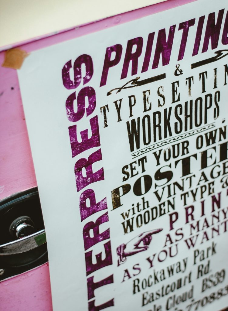 Letterpress-printed poster advertising printing and typesetting workshops
