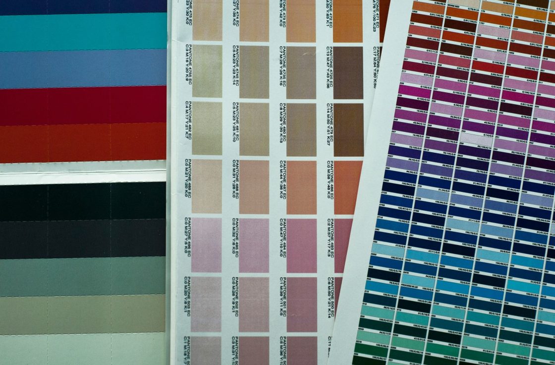 Rows of printed color swatch charts