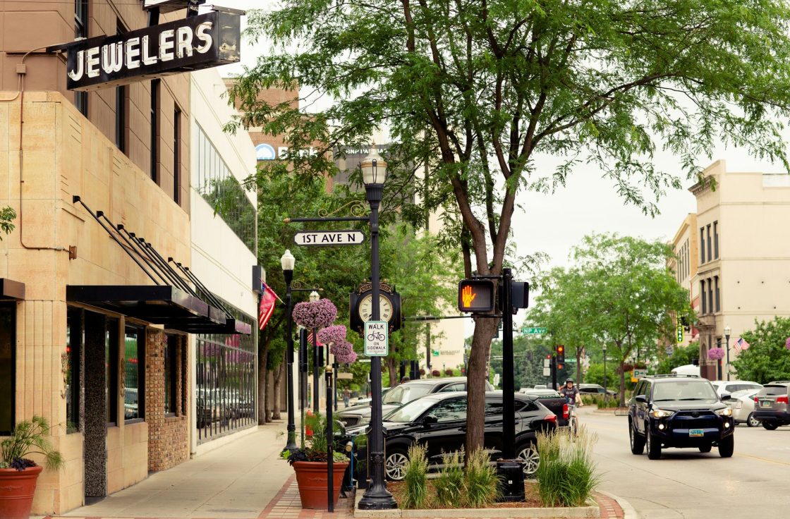 Downtown Fargo, North Dakota street with shops