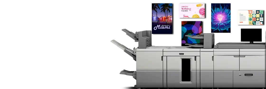 Ricoh sheet-fed production press line-up with sample printed pieces