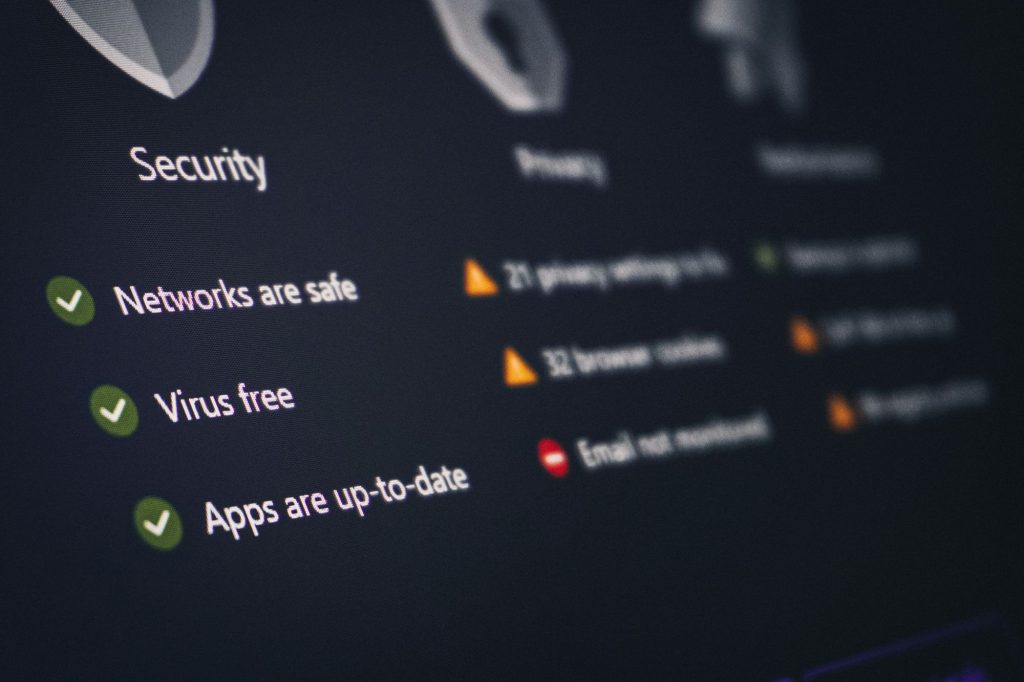 Security dashboard confirming networks are safe and apps are up to date